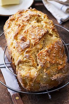 a loaf of bread sitting on top of a wire rack