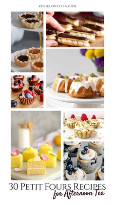 the collage shows different types of desserts and pastries for afternoon tea or brunch