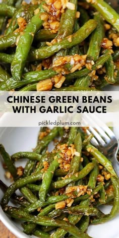 chinese green beans with garlic sauce in a white bowl