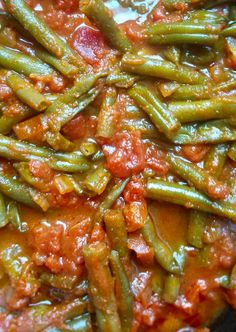 green beans and tomato sauce in a skillet