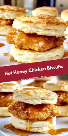 chicken biscuits are stacked on top of each other with sauce drizzled over them
