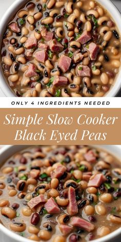 two bowls filled with black eyed peas and ham
