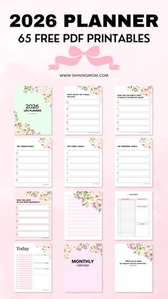 the free printable planner is shown with pink flowers on it and green leaves in the background