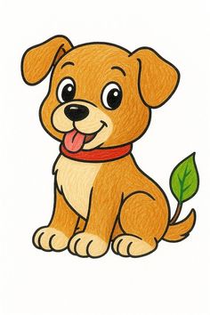 a drawing of a dog with a green leaf on its collar and tongue hanging out