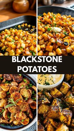 Golden-brown Blackstone potatoes sizzling on a griddle, seasoned to perfection—a crispy, irresistible side dish for any meal.