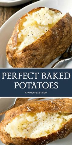 baked potatoes with parmesan cheese on top and the words perfect baked potatoes above it