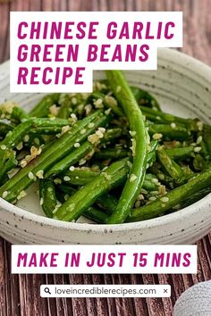 chinese garlic green beans recipe in a white bowl on a wooden table with text overlay