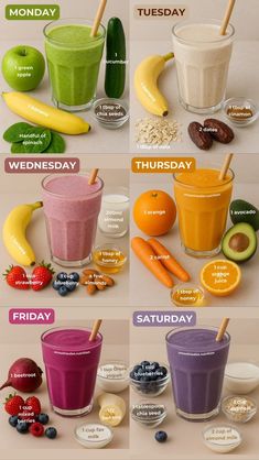an image of different smoothie drinks with fruits and vegetables