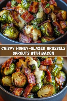 two bowls filled with brussel sprouts and bacon