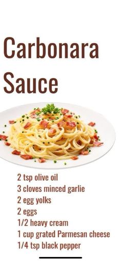 the recipe for carbonara sauce on a white plate