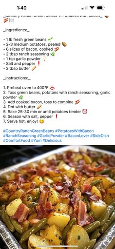 a pan filled with potatoes and green beans