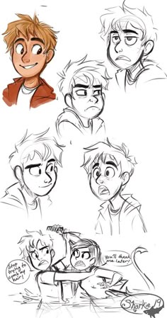 some sketches of different faces and expressions for the character's head, neck and shoulders