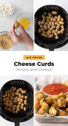 four pictures showing how to make cheese curls in the air fryer and then fried