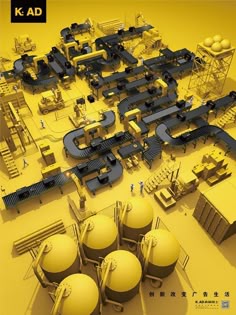 an image of a yellow and black poster with lots of objects in the shape of letters