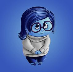 a blue cartoon character with glasses and a sweater on, standing in front of a blue background