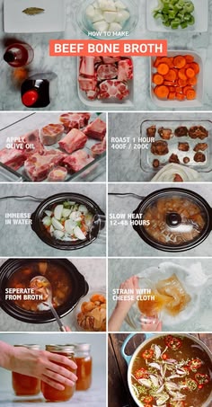 the steps to making beef bone broth are shown in this collage with pictures