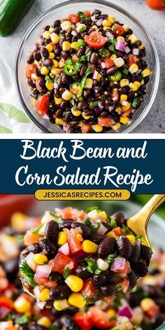 black bean and corn salad in a glass bowl