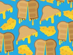 slices of toasted bread with melted butter on them, against a blue and yellow background