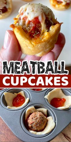 meatball cupcakes in a muffin tin with text overlay that reads meatball cupcakes