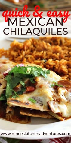 mexican food on a plate with rice and cilantro sauce in the background text reads quick & easy mexican chili quesadillass