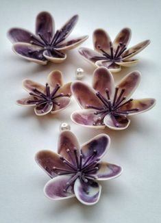 five purple and white flower shaped buttons on a white surface with water droplets in the middle