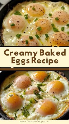 two eggs in a skillet with herbs on top and the words creamy baked eggs recipe