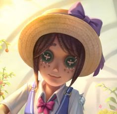 a girl with green eyes wearing a straw hat and blue overalls, standing in front of flowers