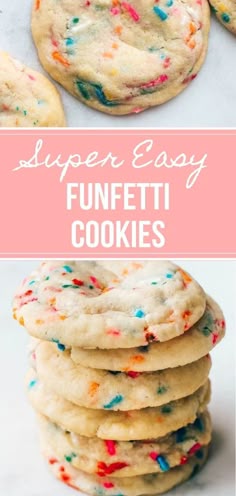 some cookies with sprinkles on them and the words super easy funfetti cookies