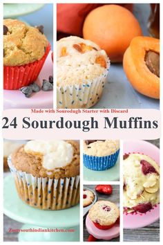 some muffins and oranges are shown with the words, 24 sourdough muffins