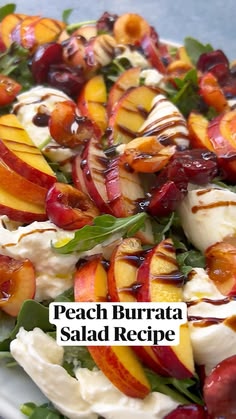 a salad with peaches, cheese and other toppings is shown in this video