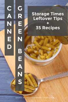 a wooden cutting board topped with green beans next to a metal measuring cup filled with yellow peas