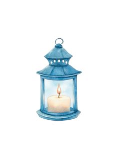 a watercolor painting of a candle in a blue glass lantern with a white background