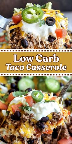 Slice of cheesy low-carb taco casserole topped with avocado.