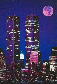 the city skyline is lit up at night with full moon in the sky behind it