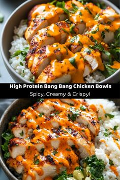 two pictures of chicken and rice with orange sauce on the top one has broccoli in it