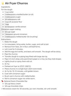the recipe for air fryer churros is shown in red and white letters