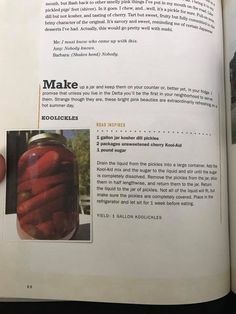 an open book showing instructions on how to make pickled peppers in a jar with pictures inside