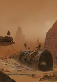 two people standing on top of a large object in the desert