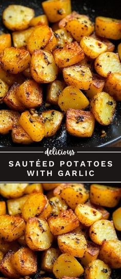 roasted potatoes with garlic in a skillet