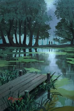 a painting of a person standing on a dock in the middle of a swampy area