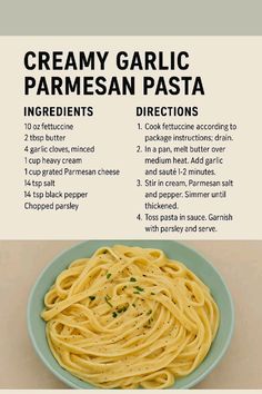 the ingredients for creamy garlic parmesan pasta in a bowl on a white table