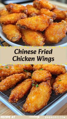 fried chicken wings on a cooling rack with the words chinese fried chicken wings above them