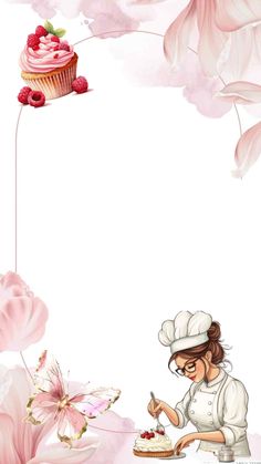 a woman in chef's uniform is decorating a cupcake with icing and raspberries