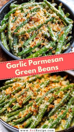 garlic parmesan green beans in a cast iron skillet with the title above it