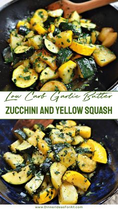 zucchini and yellow squash in a skillet with the title text overlay