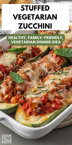 stuffed vegetarian zucchini in a white casserole dish with text overlay