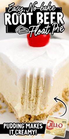 A chilled slice of root beer float pie topped with whipped cream and a maraschino cherry, served on a white dessert plate.