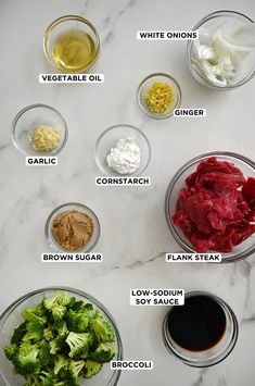 the ingredients for broccoli salad laid out on a white marble counter top with text overlay