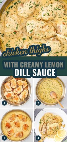 chicken thighs with creamy lemon dill sauce in a skillet and instructions for how to make them