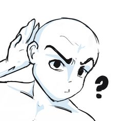 a drawing of a man with a question mark in his ear and hand on his head